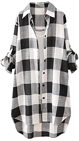 Karierte Bluse Damen Lang - Leinenhemd Damen Knopfleiste Hemd Casual Lose Frühling Sommer Leinenbluse Longbluse Blusenshirt Oberteile Tunika Große Größen Tops T-Shirts & Blusen für Frauen