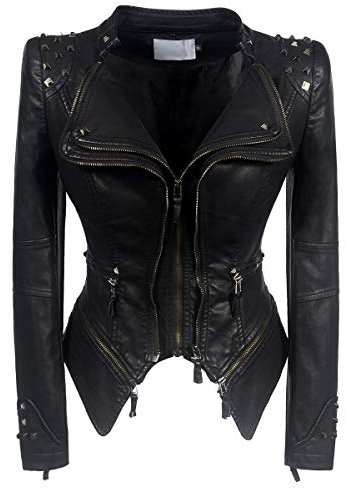 DISSA Damen Schwarz Lederjacke Kunstleder Bikerjacke mit Reißverschluss,P603,L