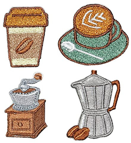 Trayosin 4-teiliges Aufbügel-Patch-Set - Kaffeetasse und Kaffeemaschine Motive - Gestickte Applikationen für DIY Kleidung, Jeans, T-Shirt, Jacken