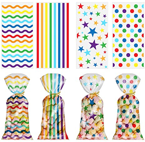 Annauiy 100 PZ Sacchetti di Cellophane Caramelle,27 * 13CM Sacchetti in Cellophane Trasparente con 100 Nastro Dorato,per Caramella,Biscotto,Snack,Fai da te a Mano