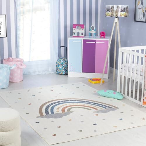 Livabliss Raini-Bow Rainbow Washable Kids Carpet 120x170 cm, Soft Machine Washable Design for Girls & Boys Bedroom, Playroom & Nursery, Durable Easy Care Baby & Kids Floor Carpet, Cream