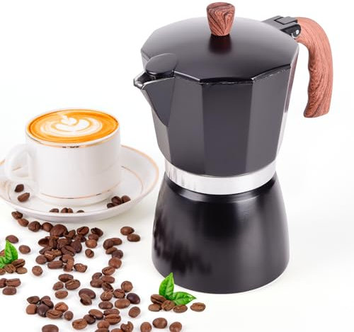 JingleChoo Moka Pot 300ml-6 Cups Espresso Maker, Italian Stovetop Coffee Makers Percolator, Aluminum, Easy To Use & Clean, Camping Home Use | Black | for Mocha Cappuccinos, Lattes