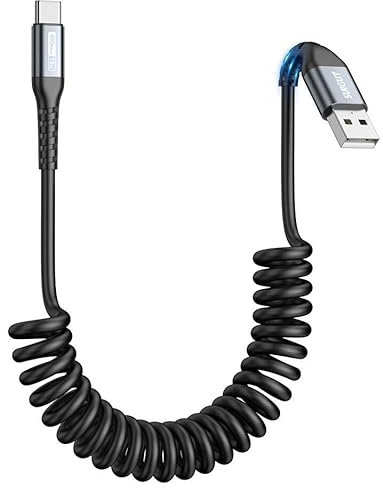SUNGUY Cable USB C Espiral,【0.4m-1m】 3A Cable USB A a USB C Carga Rapida para Android Auto, iPhone 16/15 Series, Galaxy S25 S24 Ultra S23 FE S22 S21, Huawei, Xiaomi-Gris