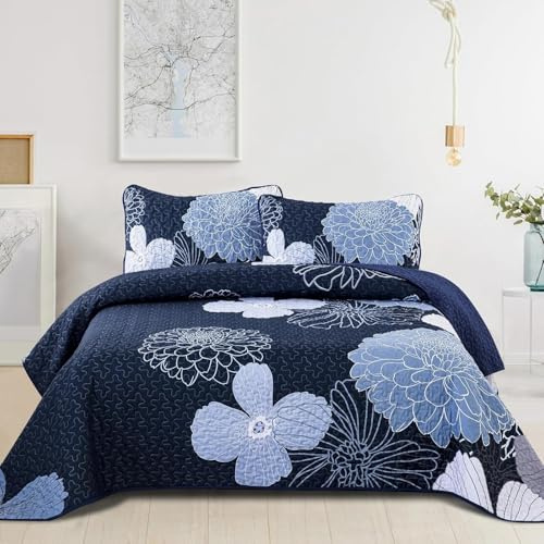 WONGS BEDDING Couvre-lit 220 x 240 cm - Fleurs bleu marine - Couvre-lit en microfibre pour lit double - Couette d'été matelassée - Avec 2 taies d'oreiller 48 x 75 cm