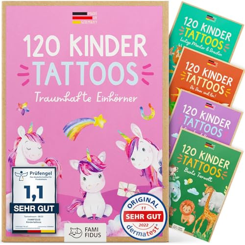 Famifidus 120 st barntatueringar – hudvänliga, dermatologiskt mycket bra – tillverkad i Tyskland – våra tatueringar (enhörningar)