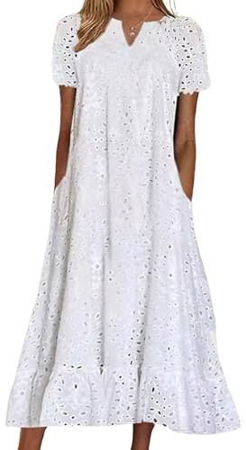 chouyatou Women Summer Ruffle Hem Floral Lace Eyelet Dress Casual Notch Neck Midi Tunic Dress with Pocket (X-Large, White)