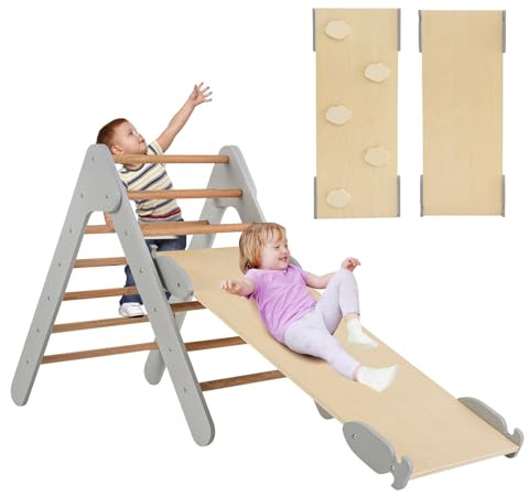 COSTWAY 3 en 1 Triángulo de Escalada con Rampa Ajustable para Escalar y Deslizarse, Escalador Triangular de Madera, Juguetes Triangulares de Escalada para Niños