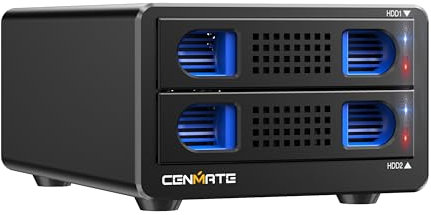 CENMATE Aluminium Festplattengehäuse mit Zwei Einschüben und Lüfter für 2.5„/3.5“ SATA HDD/SSD mit USB A/C 3.0, werkzeugloses Festplattengehäuse, Daisy Chain Erweiterung, DAS(NO RAID/NAS)