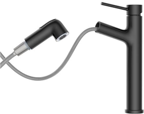 HURRAN Wasserhahn Bad, Hohe Waschtischarmatur, Ausziehbare Waschbecken Armaturen mit 2 Auslaufvarianten, Einhebelmischer Waschbecken aus Edelstahl, Negro Mate, Schwarz Matt