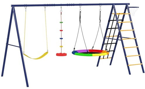 AIYAPLAY Portique balancoire Exterieur 6 en 1 avec 3 balançoires, Panier de Basket, échelle d'escalade et Filet, balançoire Enfant extérieur en métal, Charge 160 kg, pour Enfants 3-8 Ans, Multicolore