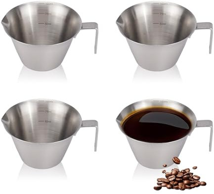 RETON 4 vasos medidores de espresso de 100 ml de acero inoxidable con asa, vasos de metal para espresso con doble escala, mini vasos de leche para medir café barista (3,4 oz)