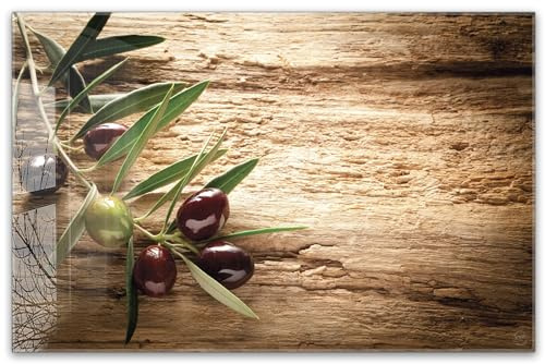 Herdabdeckplatte 80x52 cm einteilig aus 4mm ESG Glas | Oliven altes Holz Olivenzweige, Mediterrane Küche | Herd Abdeckung Abdeckplatte Induktion Schneidebrett Glasplatte für Ceranfeld