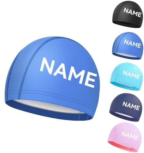 Personalisierte Schwimmkappe mit Name – Weiches & bequemes Stoffmaterial – Kein Ziepen, kein Druck – Wasserdicht beschichtet – Für Kinder & Erwachsene，Ideal für Schwimmunterricht & Training
