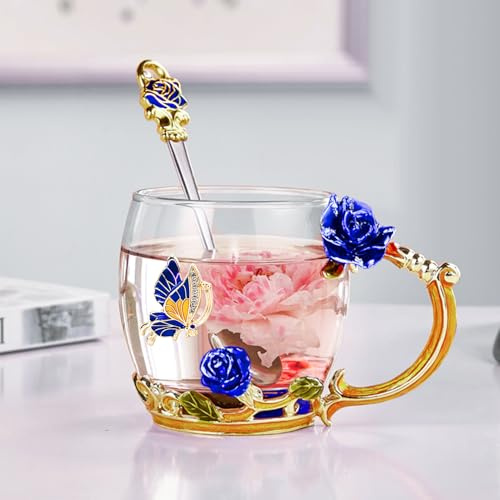 Tukeoo Cadeaux de Noël pour femmes et maman : 330ml Tasses personnalisées fleuries pour thé/café en verre, cadeau de Noël pour les femmes, cadeau de Saint-Nicolas pour Noël, fête des mères