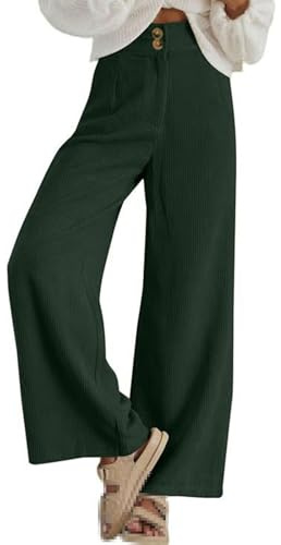Pantalones de pana para mujer casual con cintura alta, botones dobles, elásticos, pantalones de pana elásticos de pierna ancha de otoño e invierno de ajuste holgado, pantalones palazzo cómodos con