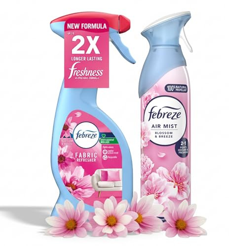 Febreze Fabric Spray Blossom Breeze & Febreze Air Mist 185 ml Duo – Odour Eliminating Fabric & Room Spray for Long Lasting Freshness in Home, Car, Upholstery & Bedding