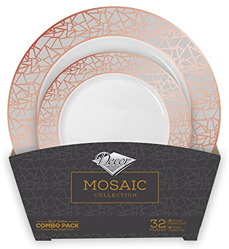 Decorline-Vajilla Lujo Multi-Uso Resistente, Reutilizable Deluxe 32 Piezas-Placas de plástico Rosé/Blanco-Fiesta-Plástico rígido- Mosaic Collection