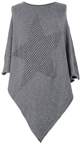 Ladies Italian Knitted Lagenlook Star Poncho Womens Ribbed Star Asymmetric Hem (Charcoal, one Size fit to (10-20))