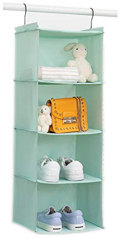 BrilliantJo Étagère Suspendue de Toile, Etagere Rangement, Organiseur Placard de Rangement à 4 Compartiments avec 2 Crochets, Organiseur de vêtements, 30X30X80cm, Vert Menthe
