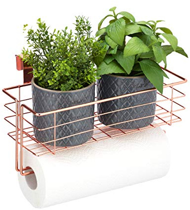 Relaxdays Einhängekorb mit Küchenrollenhalter, Aufbewahrung, Küche & Badezimmer, Drahtkorb HBT: 18 x 31 x 17 cm, kupfer