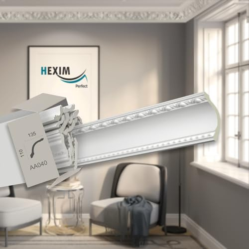 HEXIM Perfect 2 Meter Zierprofile - große Auswahl, (AA040-110x135mm) - Stuckleiste aus PU gemustert, weiß, stoßfest - Eckleiste Dekorleiste Stuckprofil Zierleiste