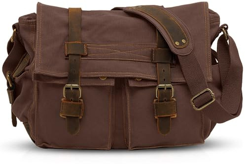 VARLIVOO Vintage Sacs bandoulière Homme Sac Messager pour Hommes Sacs pour Ordinateur Portable 14 Cartable Briefcase Travail L'école Toile Marron B