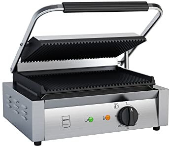 METRO Professional Kontaktgrill SINGLE GPG1201, 3000 W, Rostfreier Stahl, geriffelte Grillfläche, Fettauffangschale, Antihaftbeschichtung, Tischgrill/Sandwichmaker/Panini, Toasts, Steak, silber