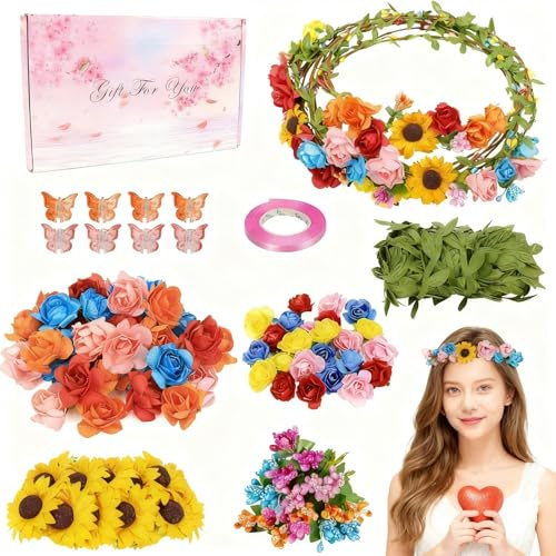 Meetory Set di 8 corone di fiori fai da te per adulti, con anelli in rattan, rose e girasoli, accessori per capelli fai da te per matrimoni, compleanni, feste, idea regalo per donne