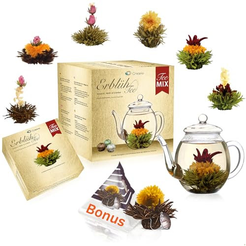 Creano Teeblumen Geschenkset - Erblühtee mit 500ml Glaskanne & 6x weißer, schwarzer, grüner Tee + Teelini Schwarztee Bonuskugel - 8 teilig