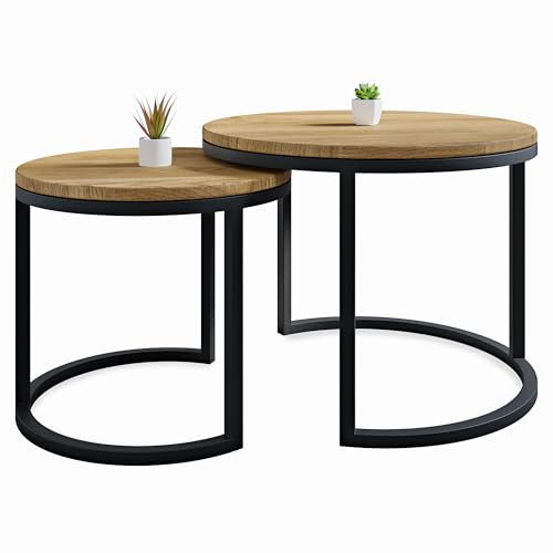 Lumarc Modena, Couchtisch 2er Set aus Massivholz Eiche und Stahl, Handgefertigt in Europa, Beistelltisch, Wohnzimmertisch, Coffee Table, Schwarz, Rund, Ø60x45 cm / Ø45x40 cm