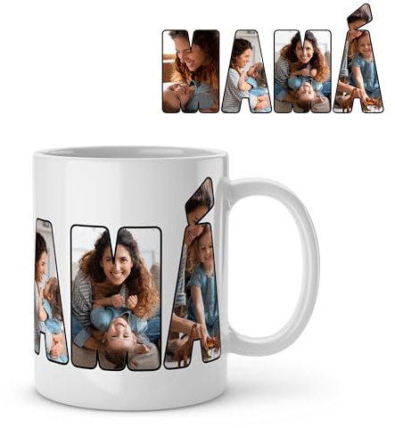 Made in Gift Taza Blanca de Cerámica con Asa 33cl Mamá Personalizada con Diseño Collage de Letras con Fotos como Regalo Original para el Día de la Madre Apta para Microondas y Lavavajillas