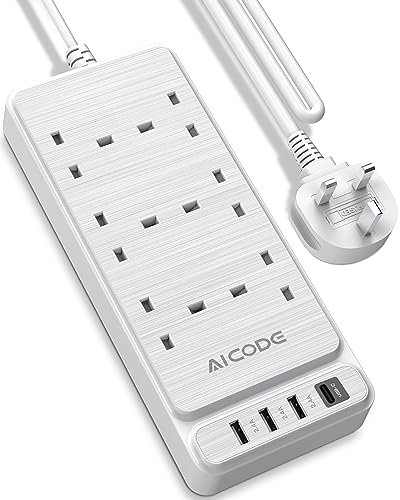 AICODE 6 Way Extension Lead with USB Slots,6 Plug Power Strip with 1 USB-C and 3 USB-A Ports,2M Extension Cable with Switch,Multi Plug Extension Socket,Wall Mount for Home,Office White
