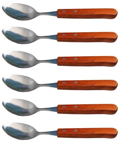 Tradineur - Pack de 6 cucharas de Mesa de Acero Inoxidable y Mango de Madera, Cubiertos clásicos de Cocina, aptas para lavavajillas - 20 cm