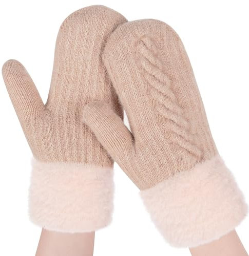 Moufles d'hiver en Laine Gants Femme, Beige Tricotés Gants Hiver moufles, Super Epais Chaud Mitaines Moufles, Cadeau d'Anniversaire Noël Parfait pour Femmes, Filles, Amants Maman