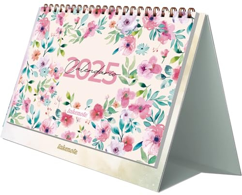 Kalender 2025 Bordskalender - Månadsöversikt Januari till December, Spanska och Engelska, Storlek 21,5 x 15,5 cm, Med Månatliga och Årliga Planer, Dubbelsidig Ringbindning - Takenote Elba