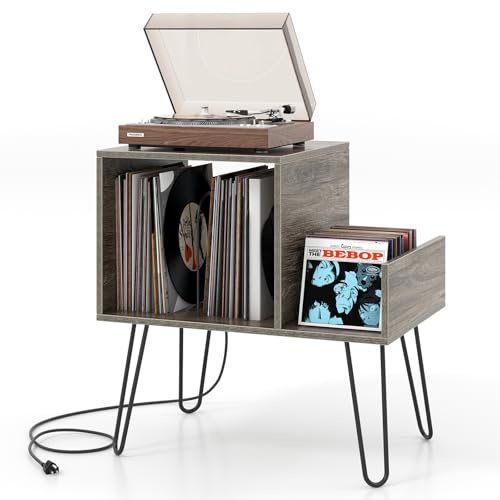 KOMFOTTEU Supporto per Giradischi con Stazione di Ricarica, Porta Dischi Vinile Vintege con Pareti Divisorie e Ripiano Laterale, Espositore per Dischi in Vinile Fino a 145 Album, 66x45x67cm (Grigio)