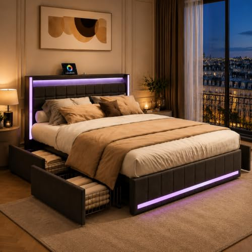 LIVLUX Lit 160x200 avec Sommier LED et USB,lit Double rembourré avec sommier à Lattes et 4 Tiroirs,lit 2 Personnes pour Adultes et Adolescents,Lin (Gris, 160 x 200 cm)