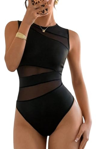 GORGLITTER Dambodysuit ärmlös body transparent bodysuits rund krage bodys sommar nät blusbody eleganta tanktoppar, svart, XL