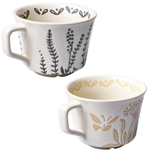 Set di 2 tazze da caffè in ceramica, 350 ml, per latte e cacao, tazze da tè con manico, lavabili in lavastoviglie, in stile retrò, per cucina e casa (piante)