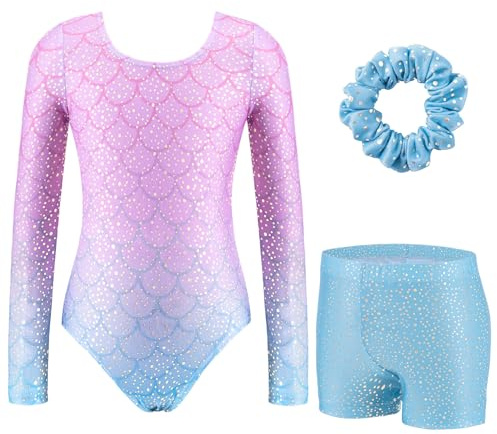 Arshiner Justaucorps Trois Pièces Pour Fille Manches Longues avec Short et Bandeau Justaucorps de Danse Classique Sirène Enfant Combinaison Scintillante 150/8-9 Ans