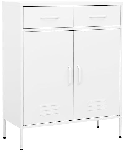GeenYuu White Steel Storage Cabinet, 80x35x101.5 cm Metal Utility Cabinet with 2 Doors, 2 Full Extension Drawers, Adjustable Shelf for Home, Office, Garage Organization