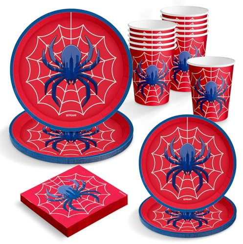 OH YEAH - Kit Vajilla Desechable Spider Fiesta de Cumpleaños 6 Personas - 42 Piezas - Platos, Vasos, y Servilletas Desechables - Decoración Vajilla Cumpleaños Infantil Temático - Kit Mesa