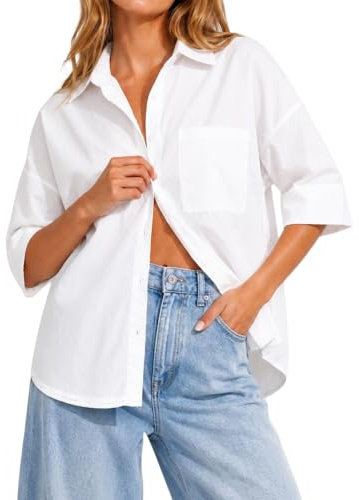 Navneet Women Button Up Shirt Half Sleeve Collar Blouse Basic Work Tops Office Wear Casual Going Out Tops Loose Fit