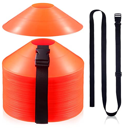 100 Pieces Soccer Cones with Strap Agility Disc Cones Soccer Training Cones Soccer Cones for Drills Orange Mark Disks for Challenge Football Basketball Skating Kids Games Outdoor Indoor 2 Straps