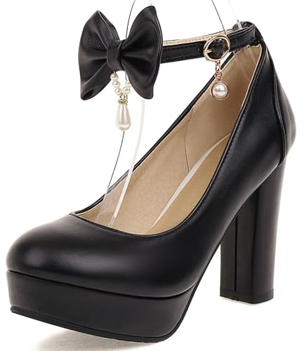 Décolleté con Tacco Largo da Donna, Pompe al Tallone Alto Punta Rotonda Fibbia Scarpe da Festa con Plateau con Cinturino alla Caviglia Bowknot Eleganti Meerxx Nero Numero 46 EU