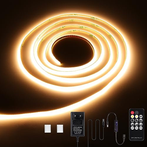 KWODE COB LED Streifen 3000K warmweiß, 2M 768LEDs Dimmbar 3mm Breit COB LED Strip, 12V DC Flexibel Lichtleiste mit Netzteil und RF Fernbedienung für Wohnzimmer Schlafzimmer Küche DIY Dekoration