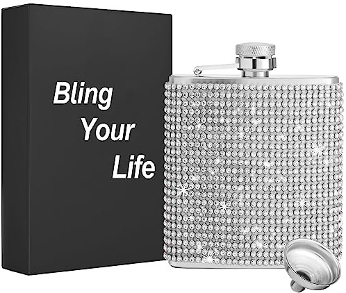 Bling Flask for Women- Diamond Hip Flasks,Glitter Stainless Steel Leakproof Hip Flasks for Wine,Bling Rhinestone Hip Flask for Liquor,Cute Flasks for liquor for women(6oz, Silver)