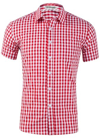 YAOHUOLE Mens Casual Oktoberfest Shirts Slim Fit Office Shirts for Men Red Checked Shirt Oktoberfest Costume Men Red XL