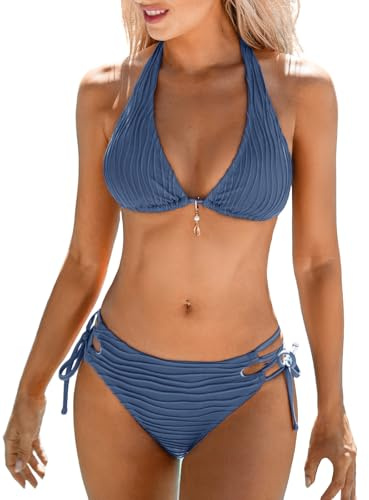 CUPSHE Ensemble bikini pour femme Col plongeant Dos nu Taille basse Bas échancré Bretelles latérales avec nœuds Maillot de bain deux pièces Bleu acier M