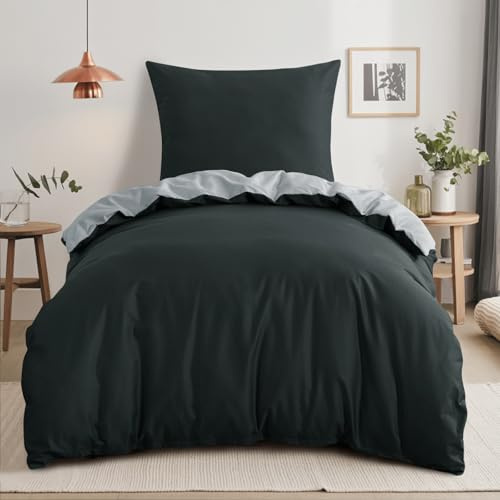 RUIKASI Biancheria da letto 155 x 220 Cotone Grigio - Set Biancheria da Letto 155 x 220 cm, 2 Pezzi, Biancheria da Letto Double face con cerniera, Set Biancheria da Letto Bicolore Antracite e Grigio